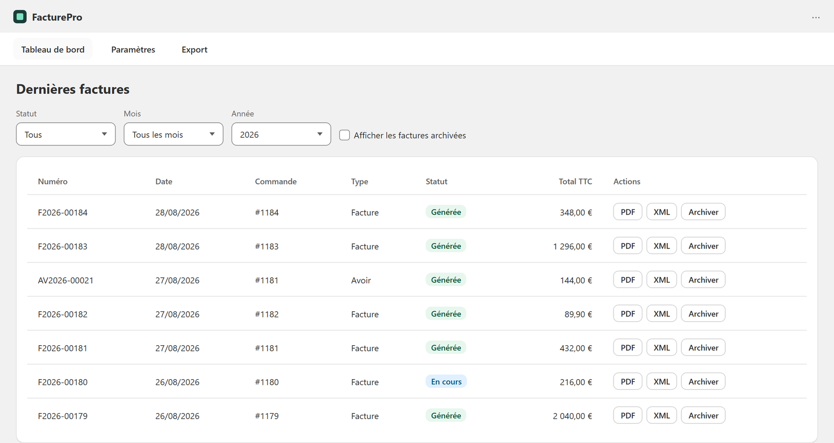 Tableau de bord FacturePro : liste des factures générées